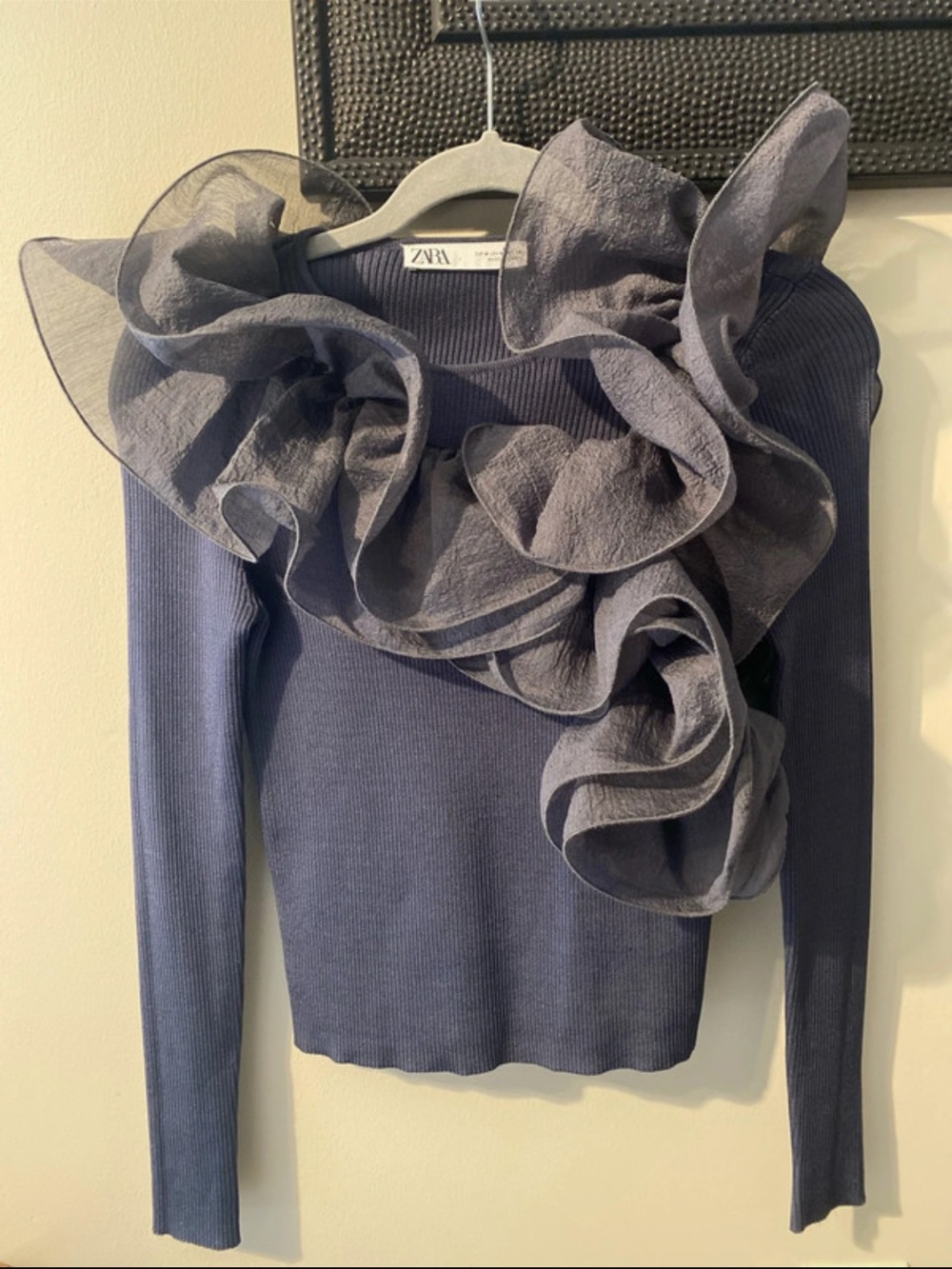 Zara Navy Ruffled Organza-Trim Long Sleeve Top